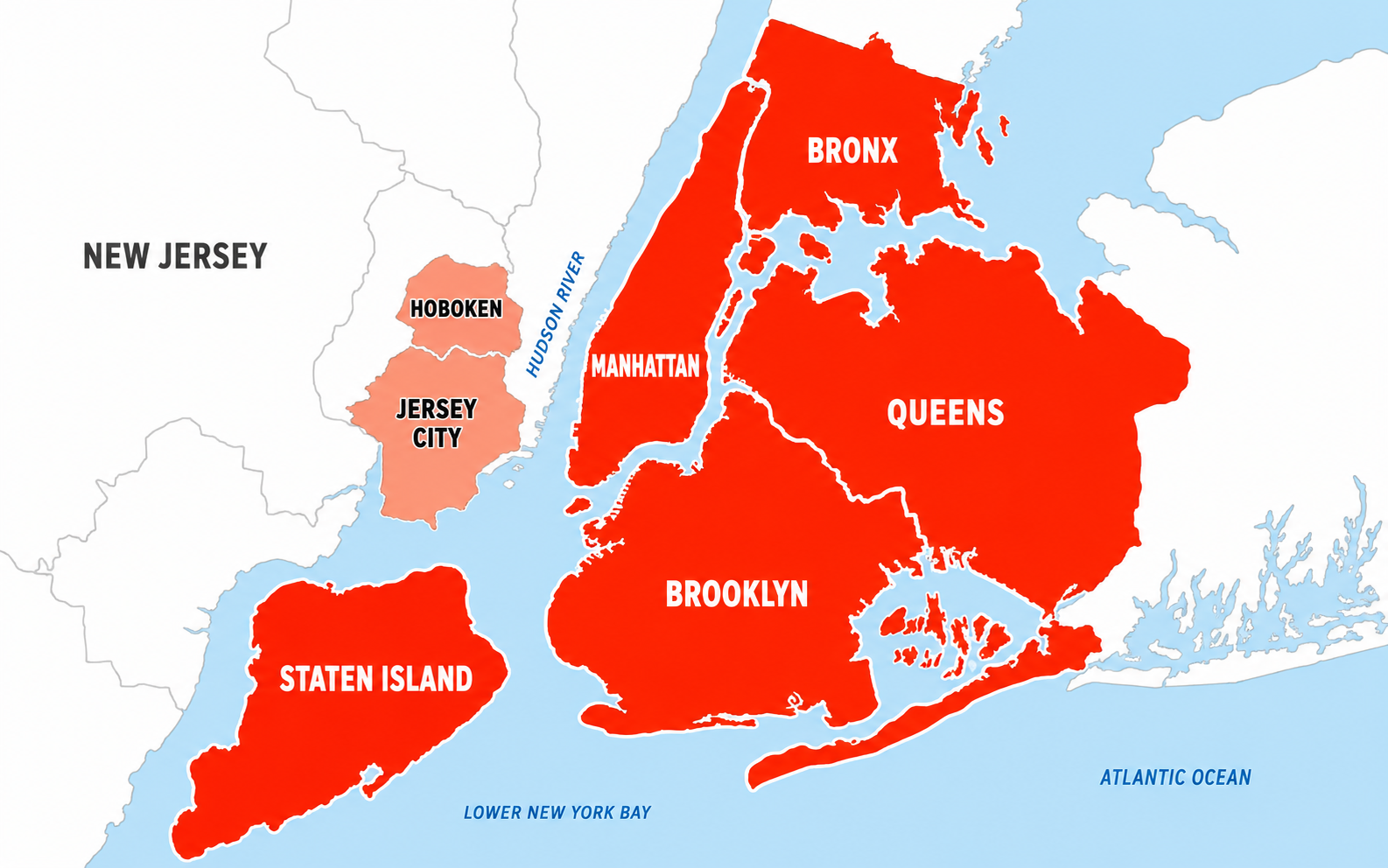 Flat-design illustrated map of NYC metro area with all 5 boroughs highlighted in brand red — EazyCrate moving bin delivery service area