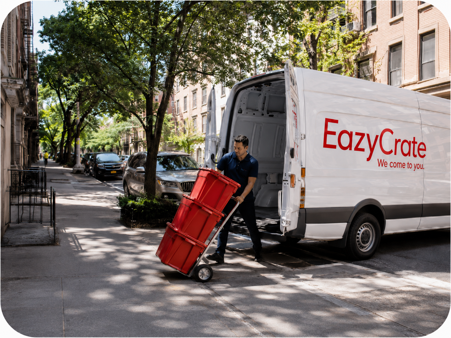 EazyCrate branded delivery van on NYC street with moving bins being unloaded — door-to-door moving bin delivery across all five boroughs