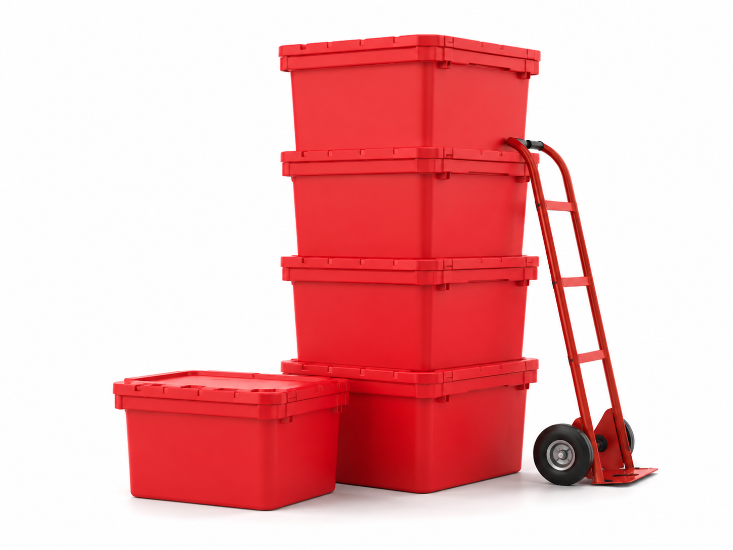 Stack of large premium red EazyCrate reusable plastic moving bins with dolly — rental packages from $119 per week NYC