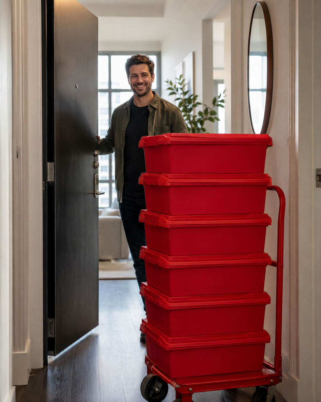 Smiling man opening NYC apartment door to receive EazyCrate delivery — red moving bins stacked on a dolly, delivered to your door
