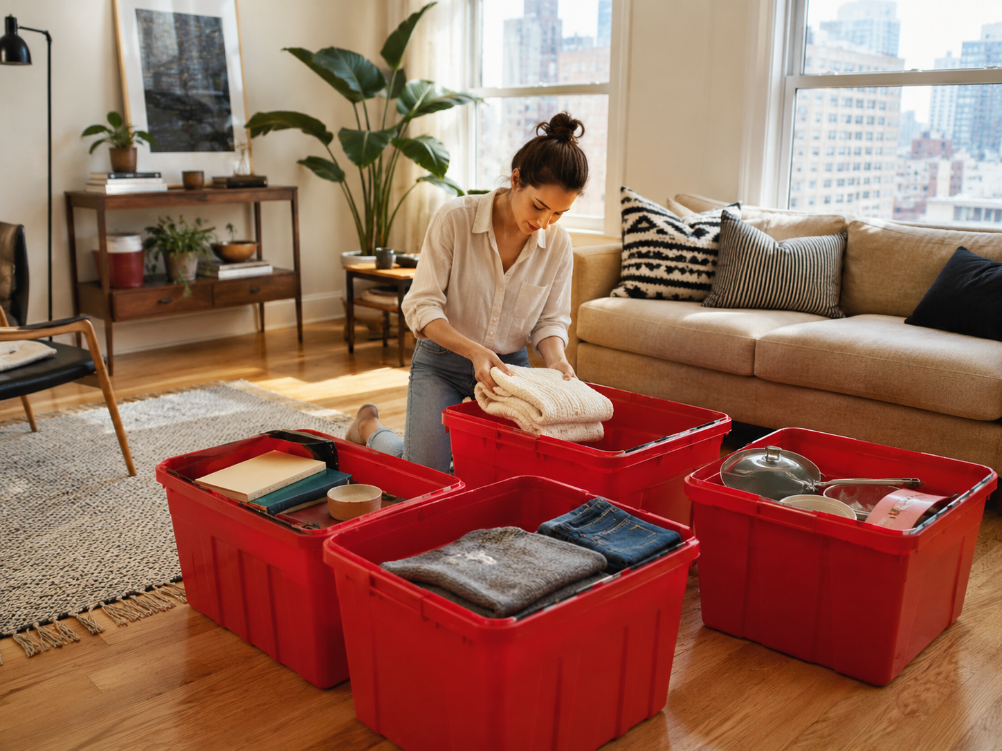 EazyCrate delivery team arriving at NYC apartment building with red moving bins