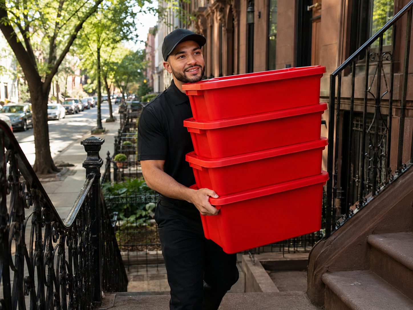 Person packing belongings into red EazyCrate reusable moving bins in NYC apartment