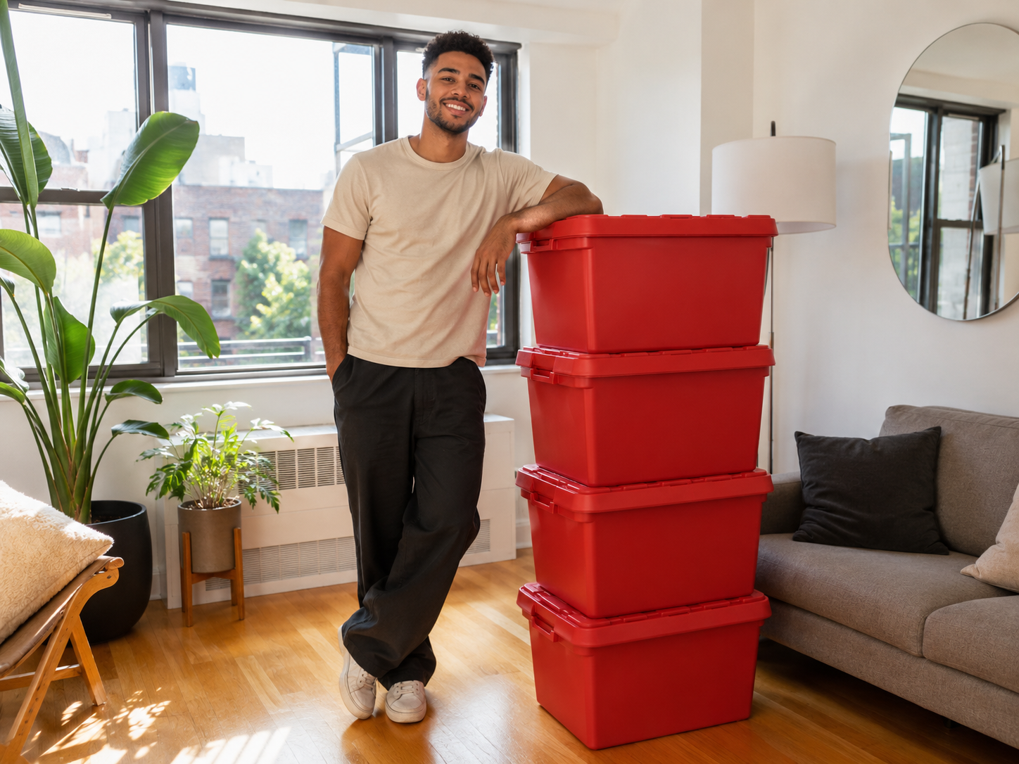 Happy NYC customer with EazyCrate red plastic moving bins stacked in apartment