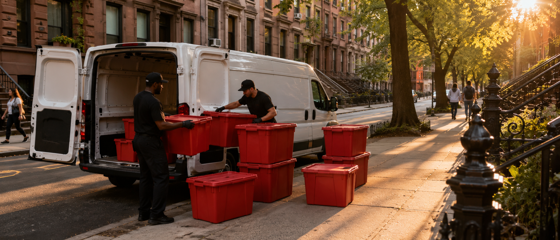 EazyCrate delivery team unloading red moving bins outside NYC apartment building