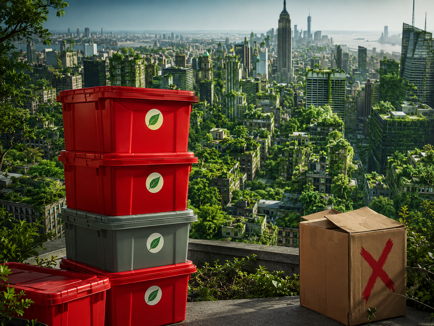 Reusable red plastic moving bins in NYC representing eco-friendly moving with zero cardboard waste