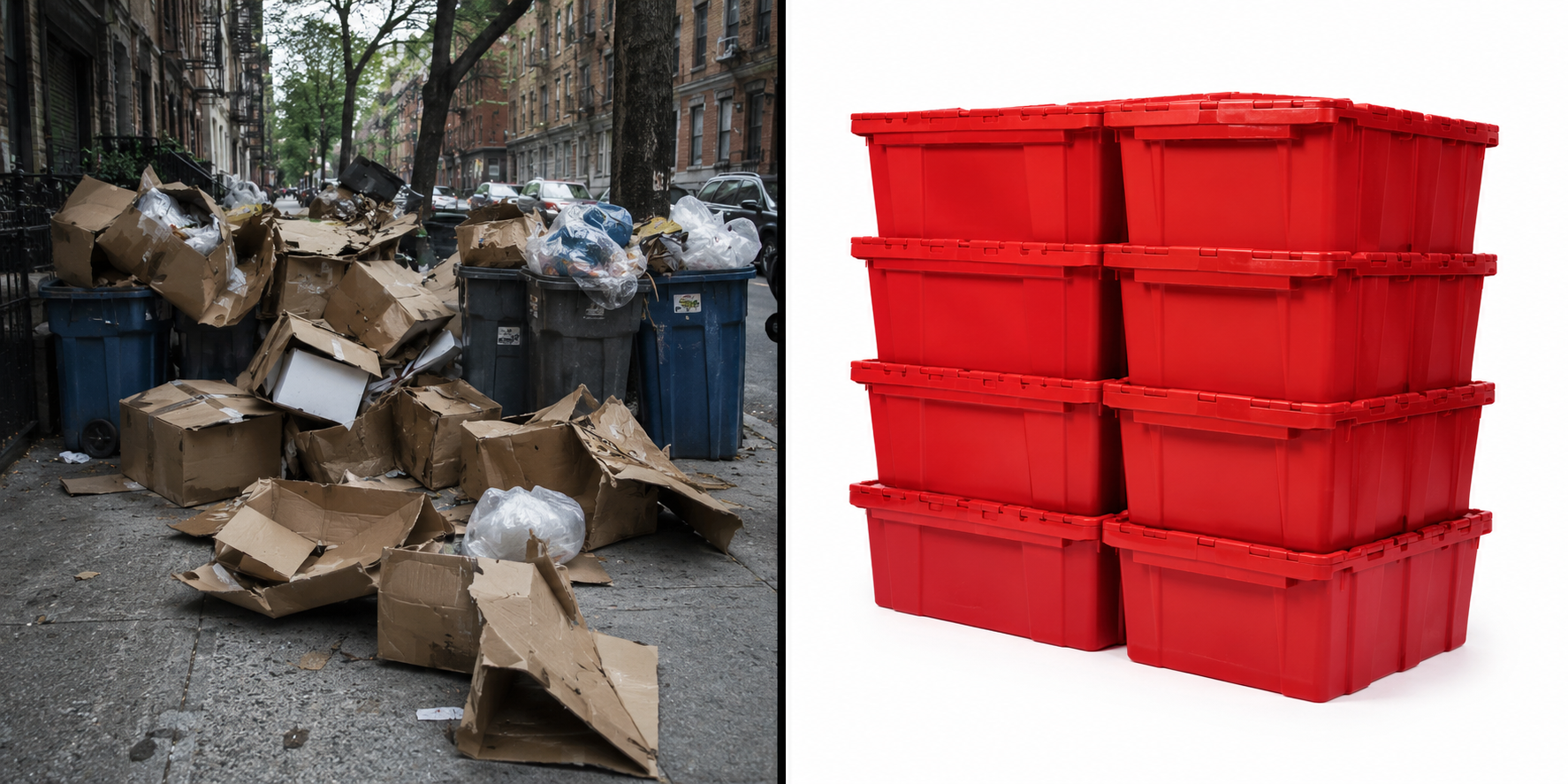 Split-screen comparison of messy NYC cardboard boxes after a move versus clean stacked EazyCrate reusable moving bins