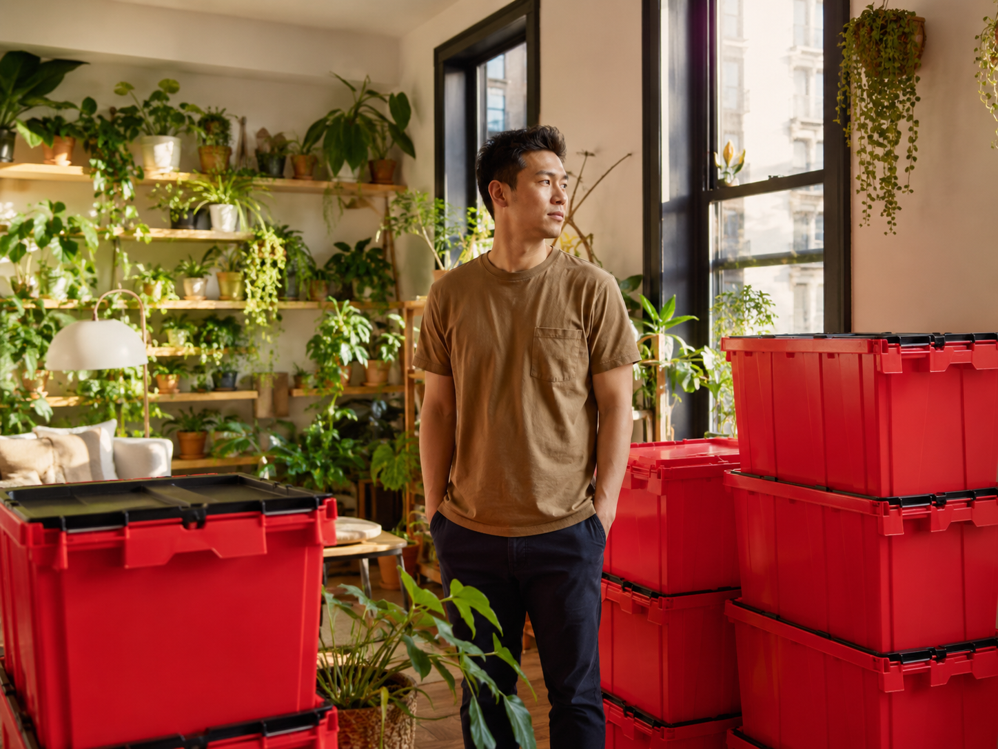 Young NYC professional in plant-filled apartment surrounded by EazyCrate red reusable moving bins ready for packing