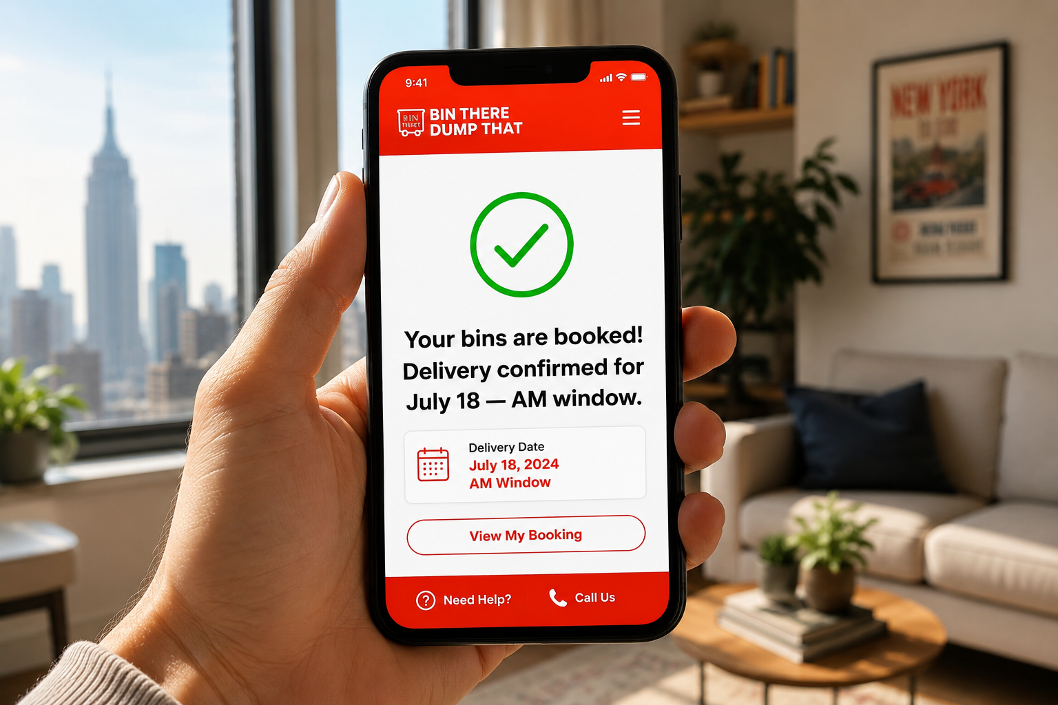 Mobile phone screen showing EazyCrate booking confirmation with green checkmark and delivery date confirmed
