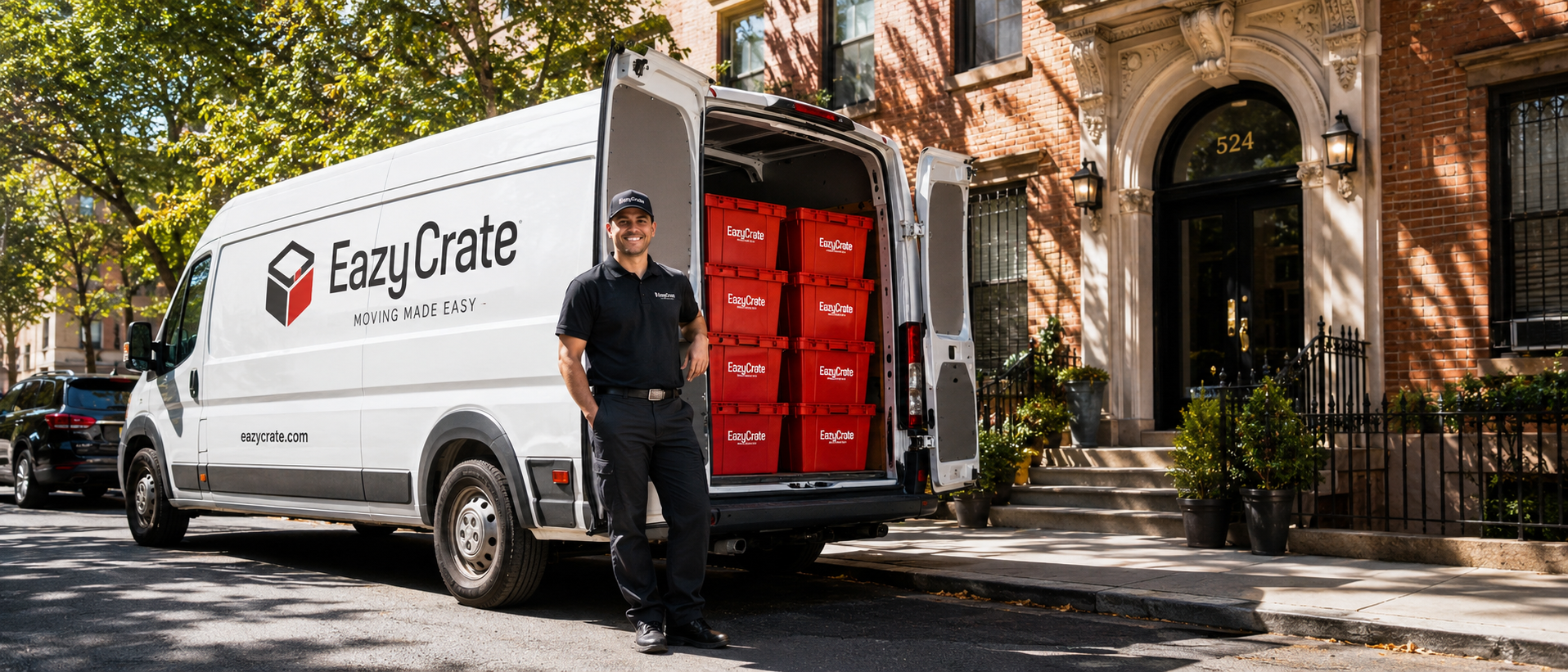 EazyCrate delivery van parked outside NYC apartment building with red reusable moving bins stacked and ready for delivery