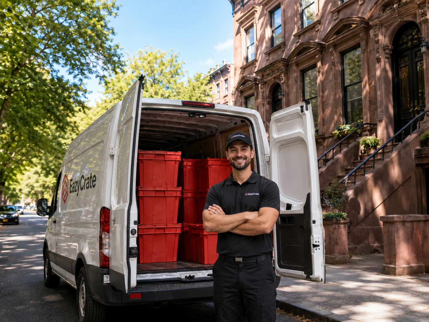 EazyCrate white delivery van parked in front of NYC brownstone apartment with red moving bins stacked ready for delivery