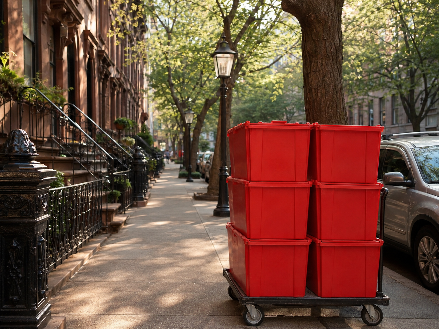 EazyCrate red moving bins stacked on dolly outside Manhattan brownstone building — free delivery to all Manhattan neighborhoods