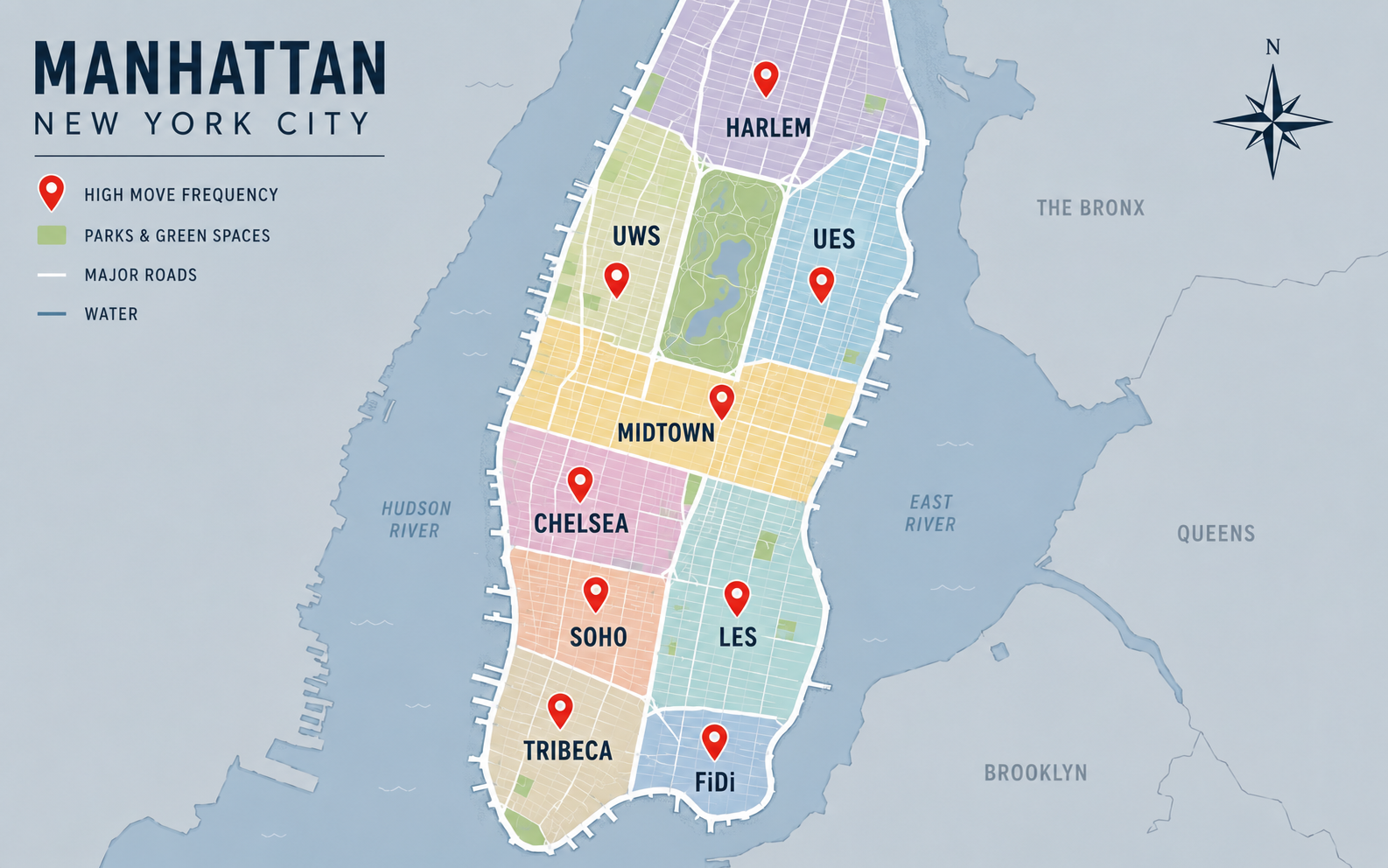 Map of Manhattan showing all neighborhoods where EazyCrate delivers reusable moving boxes — from Inwood to Financial District
