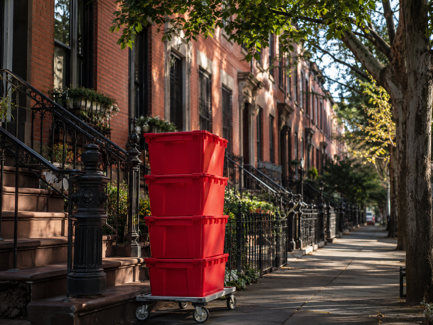 EazyCrate red reusable moving bins stacked on dolly on Brooklyn sidewalk with classic brownstone row houses in background