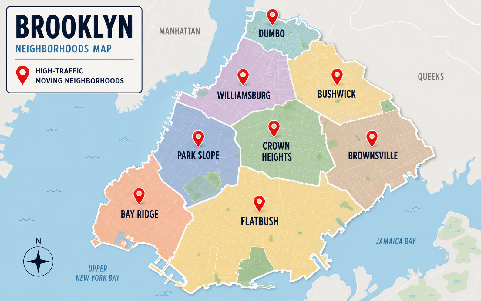 Map of Brooklyn showing all neighborhoods where EazyCrate delivers reusable moving boxes — Williamsburg, Park Slope, DUMBO, Bay Ridge and more