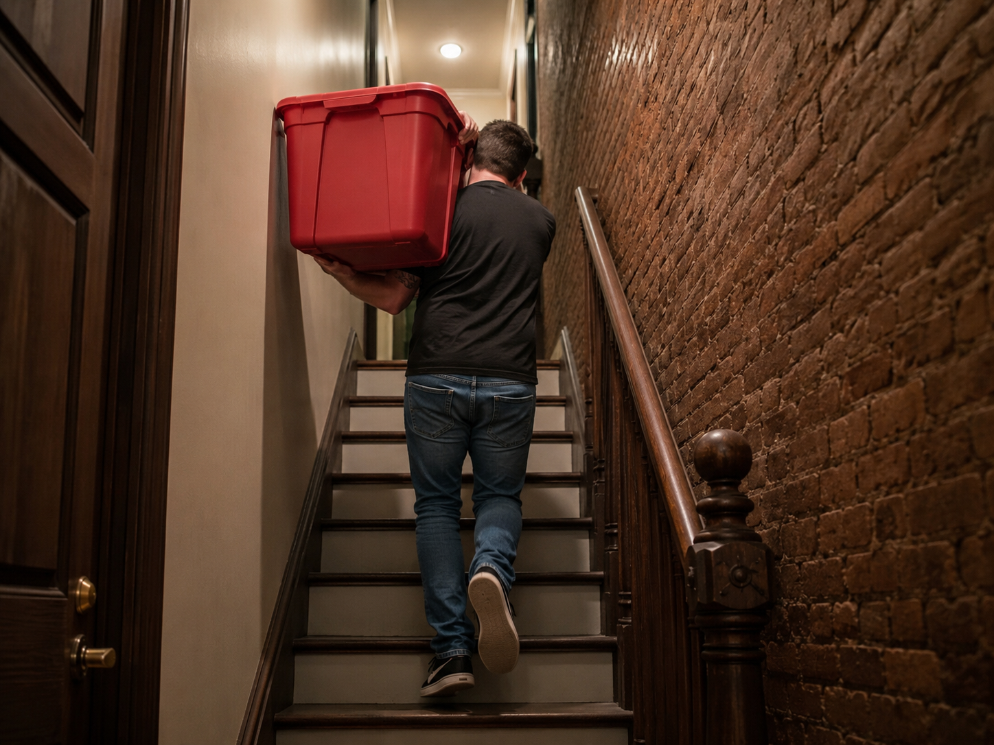 EazyCrate red moving bins outside Brooklyn brownstone walk-up building — manageable bin size fits narrow staircases and doorways