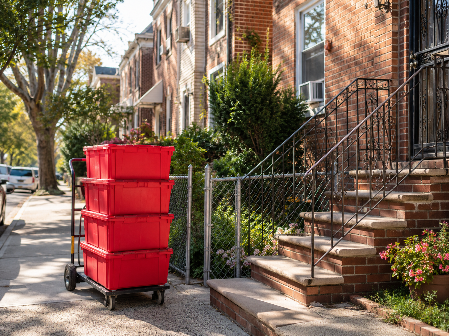 EazyCrate red reusable moving bins on dolly outside Queens brick row house with small front stoop on residential Queens street