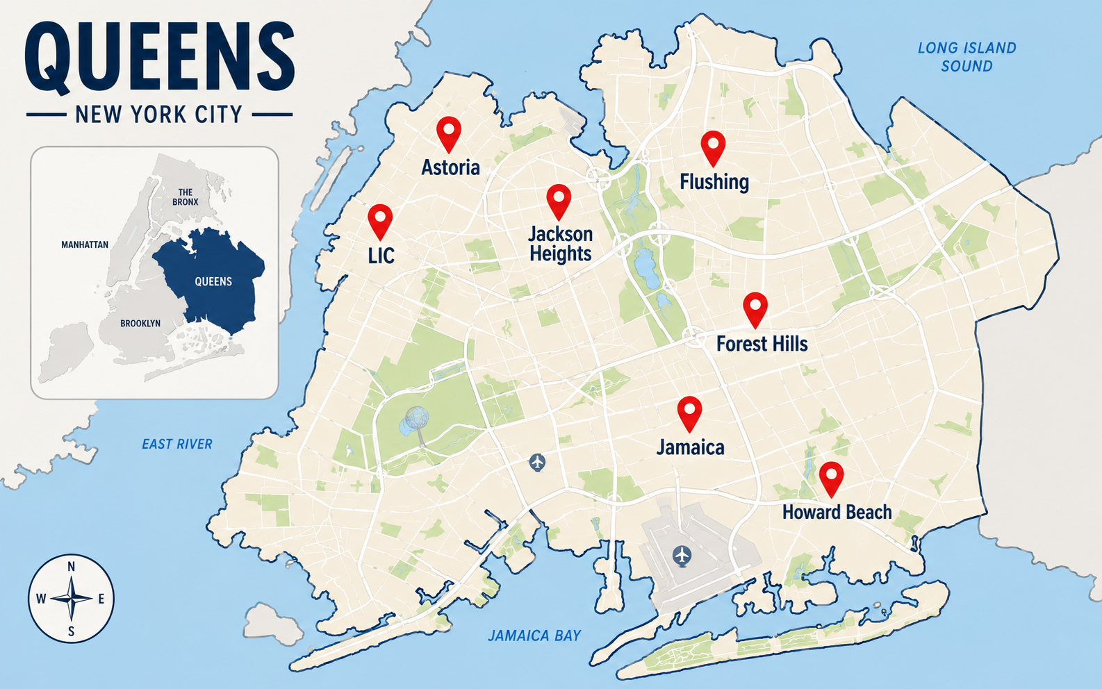 Map of Queens borough showing all neighborhoods where EazyCrate delivers reusable moving boxes — Astoria, LIC, Flushing, Forest Hills, Jamaica and more