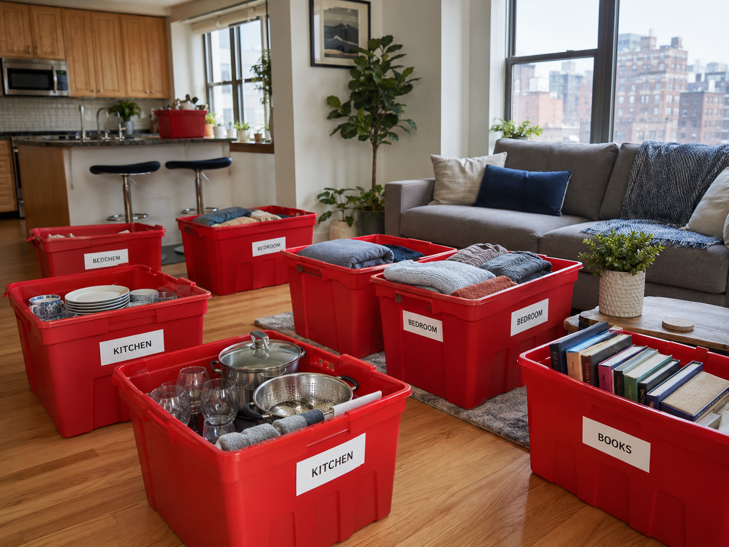 Multiple EazyCrate red plastic moving bins organized by room in a Queens apartment living room — labeled Kitchen, Bedroom, Books for efficient packing