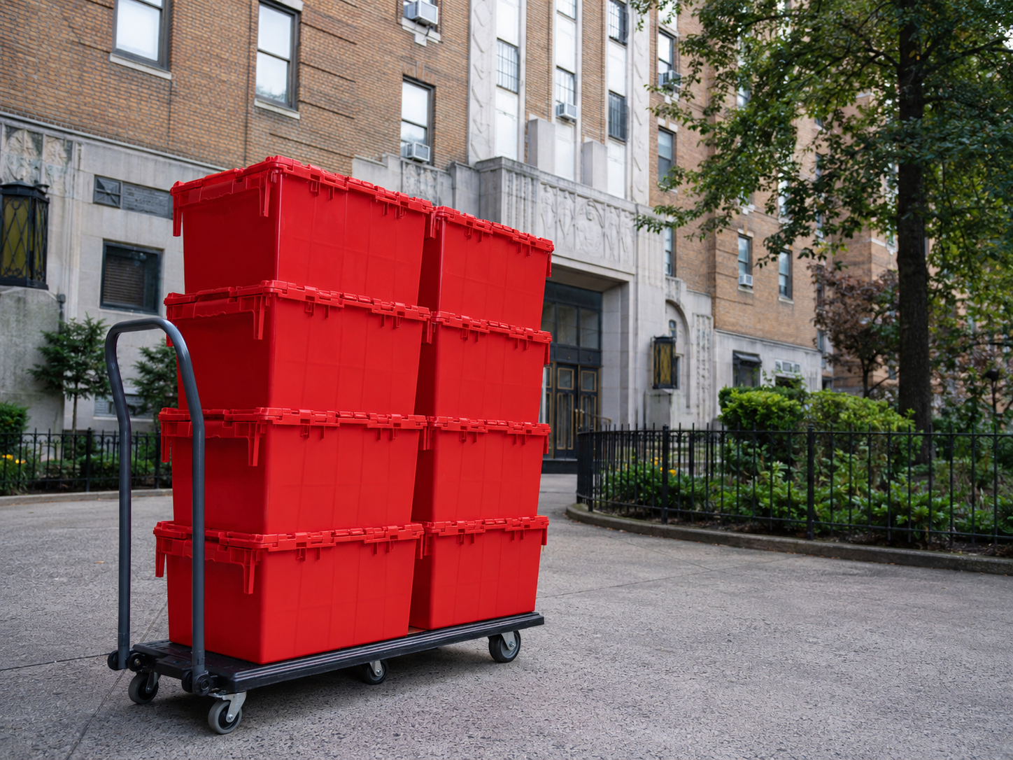 EazyCrate delivery professional carrying red reusable moving bin inside Bronx apartment building — professional moving bin rental service