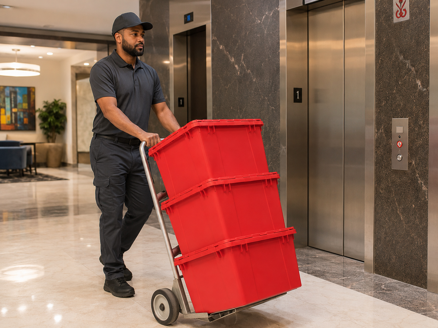 EazyCrate red reusable moving bins stacked on dolly outside large Bronx apartment building complex — free delivery to all Bronx neighborhoods
