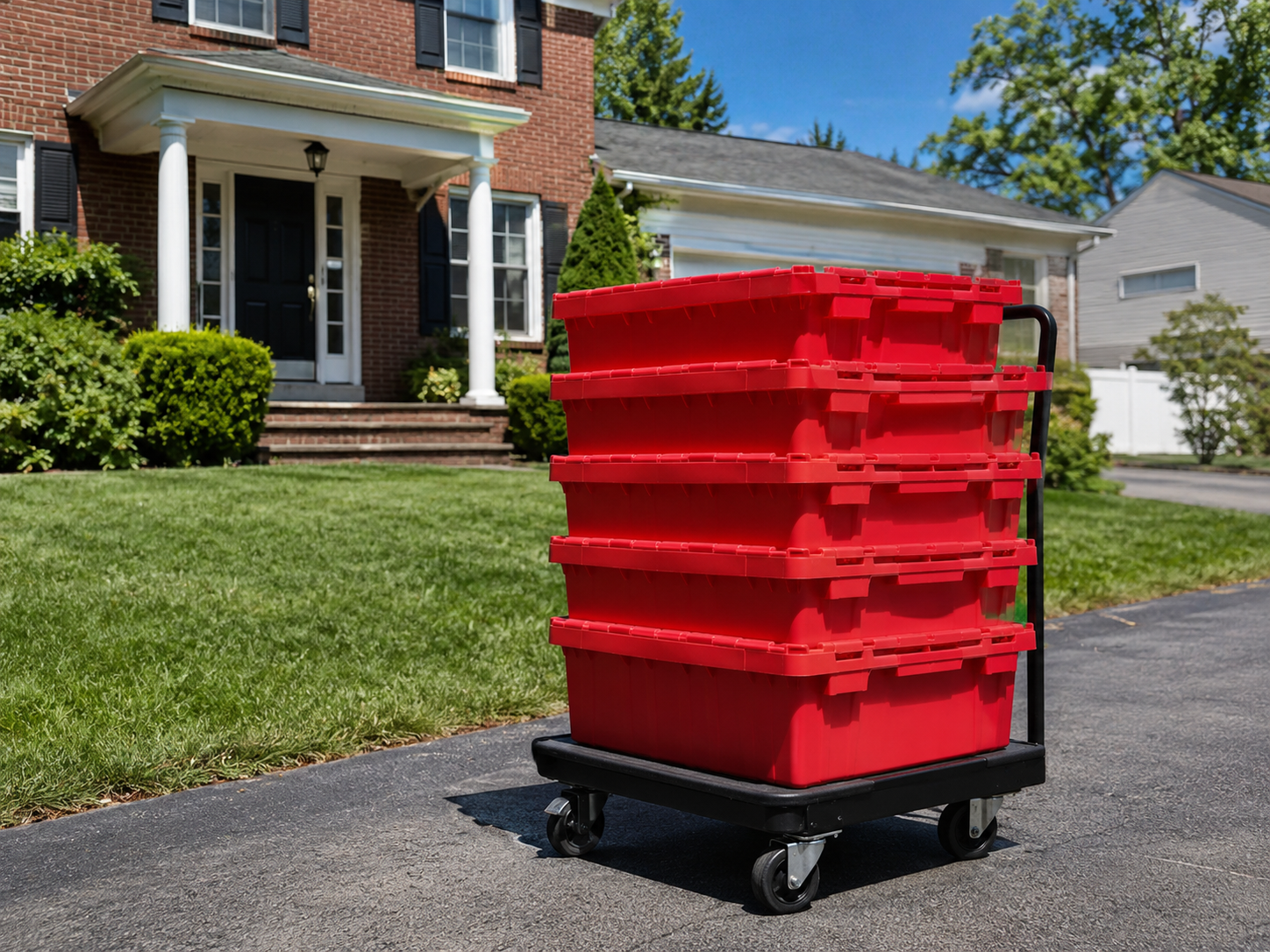 EazyCrate red reusable moving bins on dolly outside Staten Island single-family brick colonial home — free delivery to all SI neighborhoods