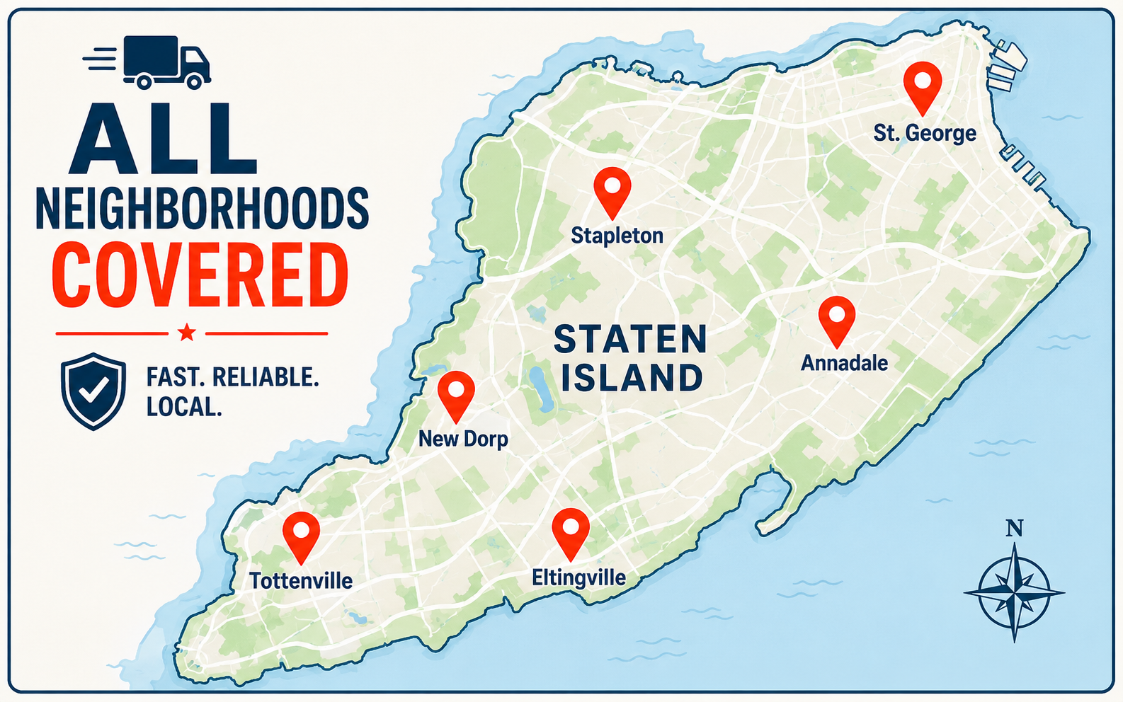 Map of Staten Island showing all neighborhoods where EazyCrate delivers reusable moving boxes — St. George, Stapleton, New Dorp, Tottenville, Eltingville and more