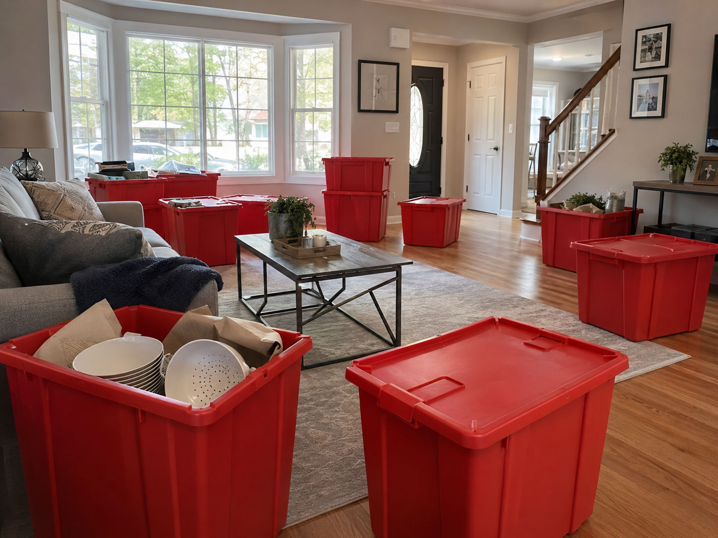 Multiple EazyCrate red plastic moving bins spread across Staten Island home living room ready for a full house move — 3-bedroom packing in progress