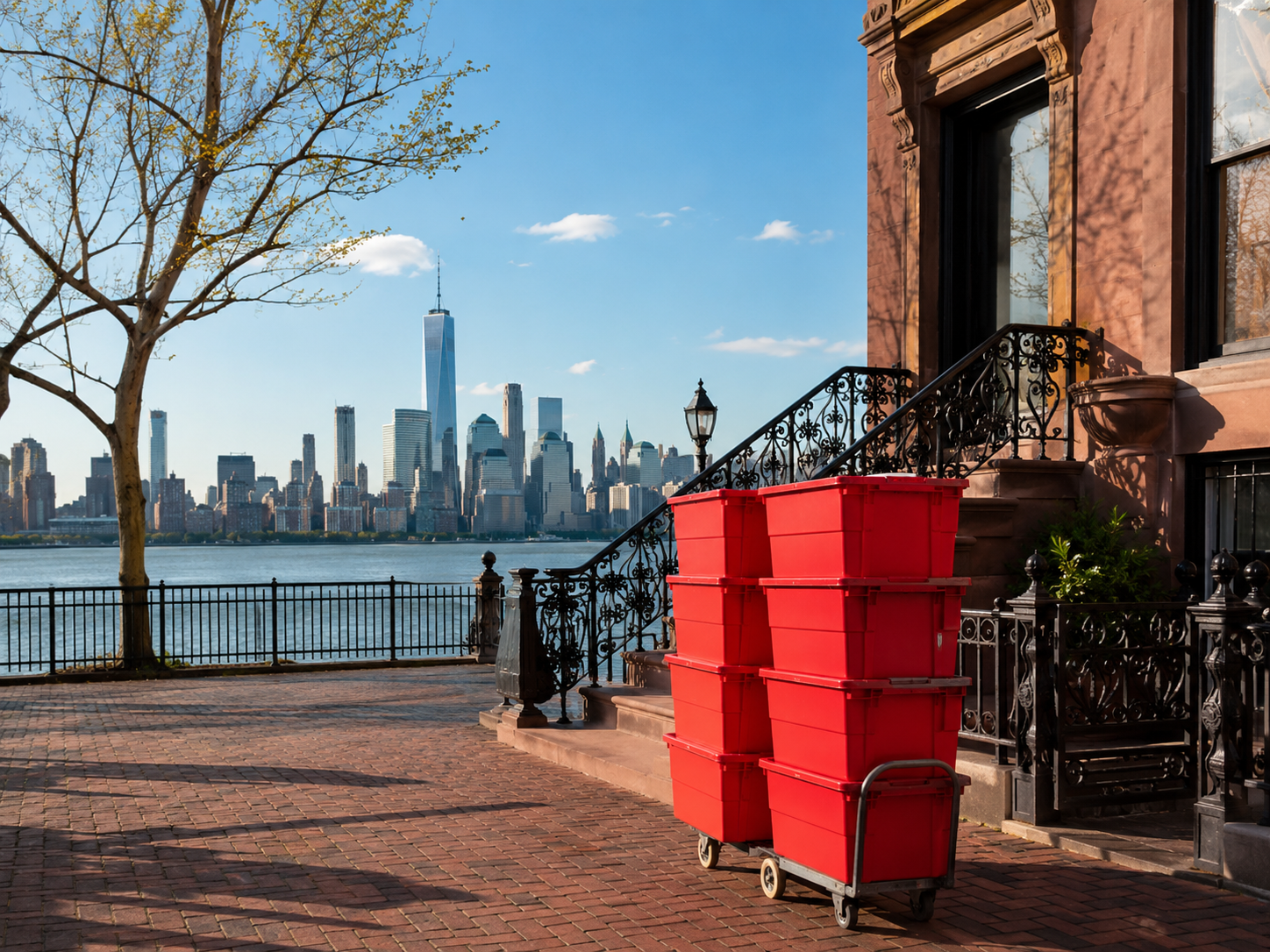 EazyCrate red reusable moving bins on dolly outside classic Hoboken brownstone on brick sidewalk with Manhattan skyline across the Hudson River