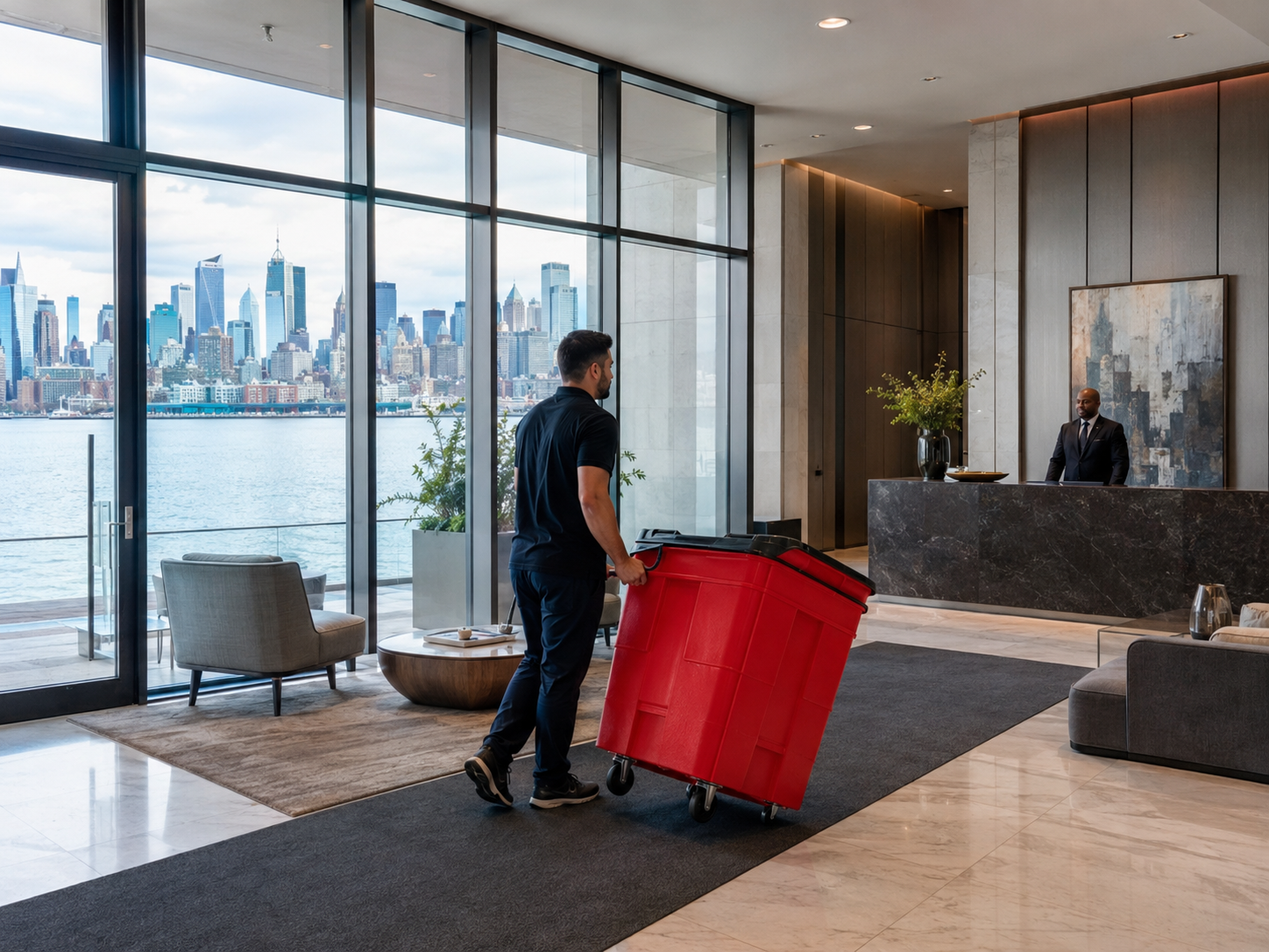 EazyCrate bins being delivered through lobby of modern Hoboken waterfront high-rise with Hudson River and Manhattan skyline visible through windows