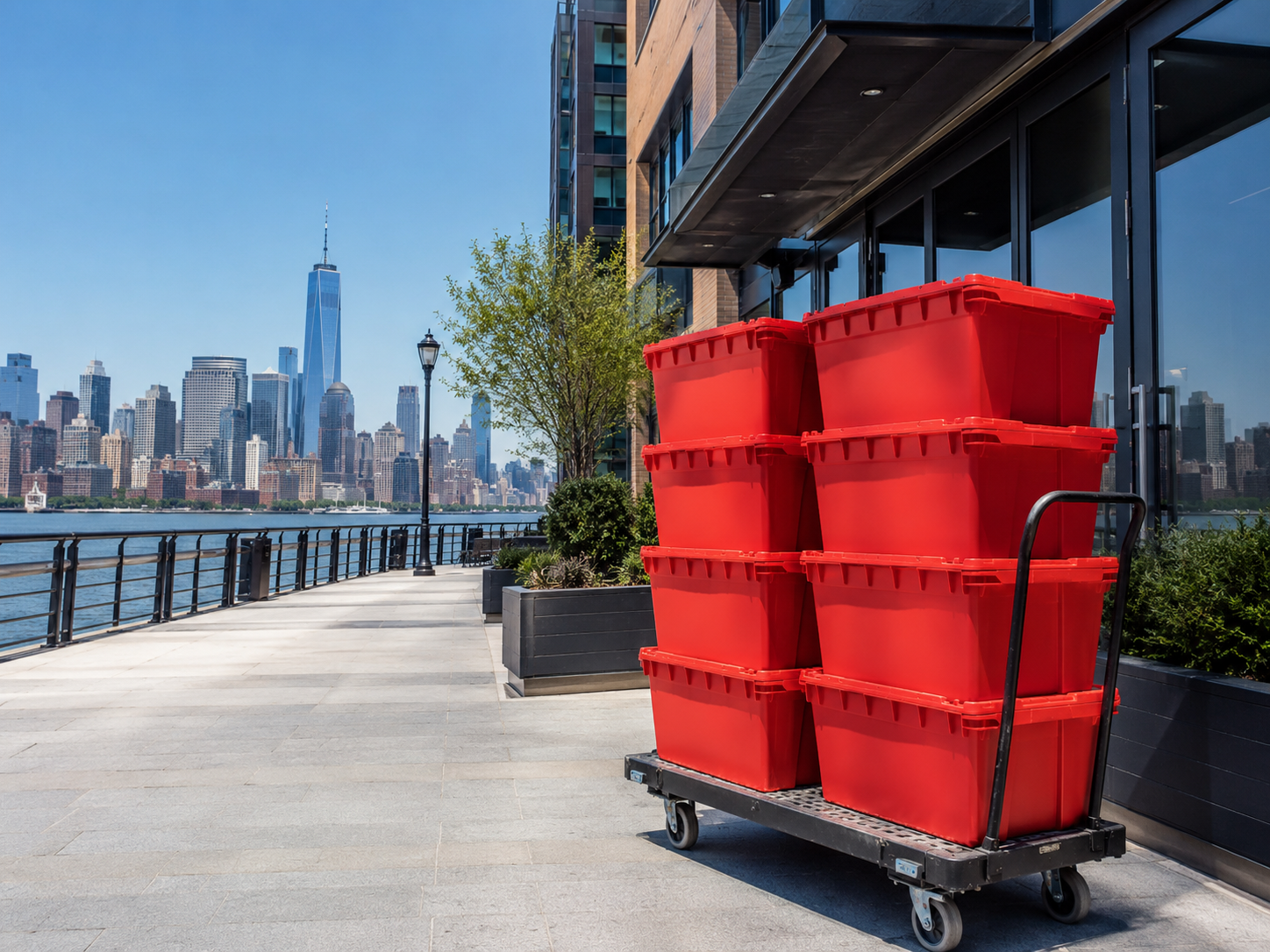 EazyCrate red reusable moving bins on dolly outside modern Jersey City waterfront apartment building with Manhattan skyline visible across the Hudson River