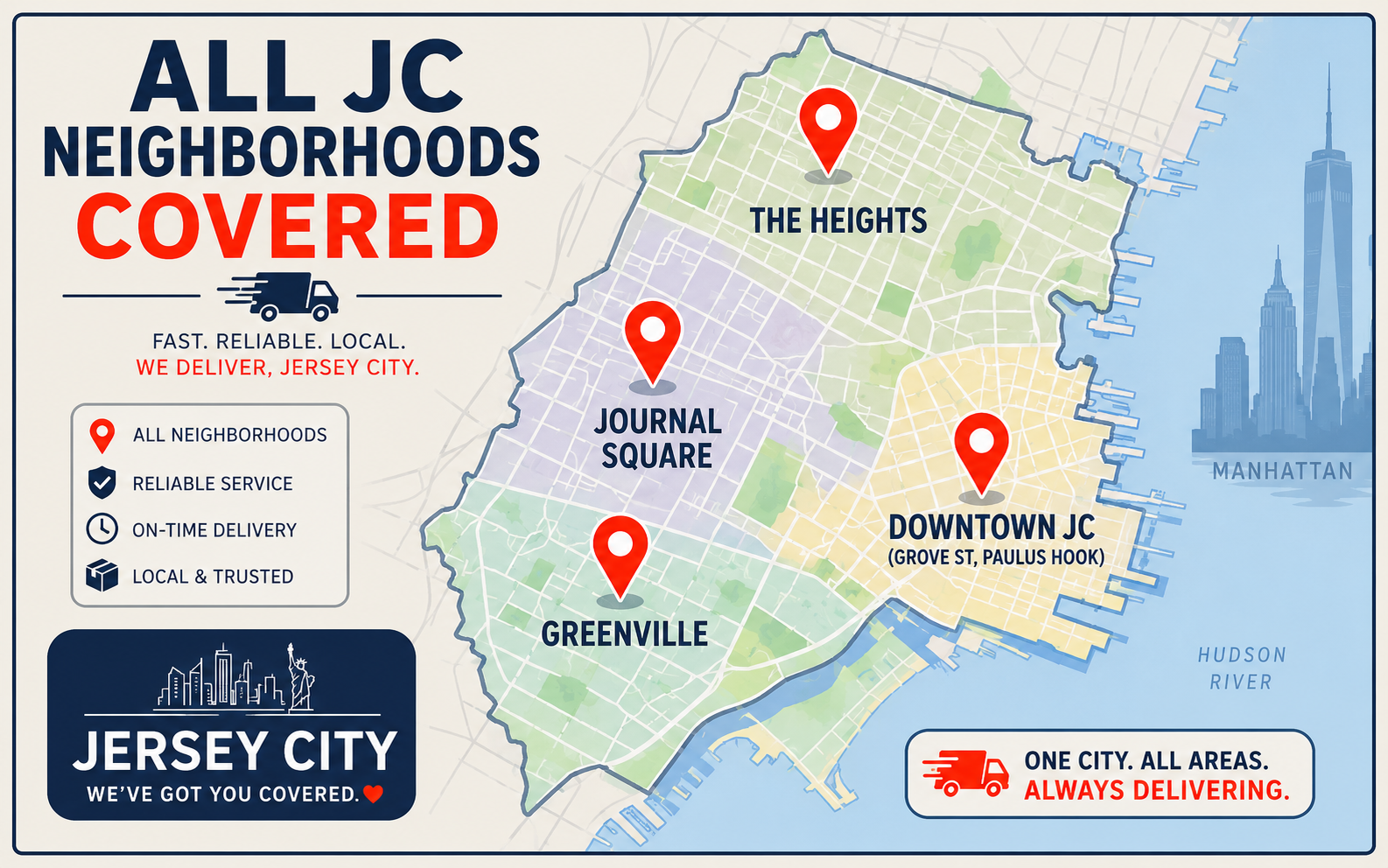Map of Jersey City showing all neighborhoods where EazyCrate delivers reusable moving boxes — Downtown JC, Journal Square, The Heights, Greenville and more