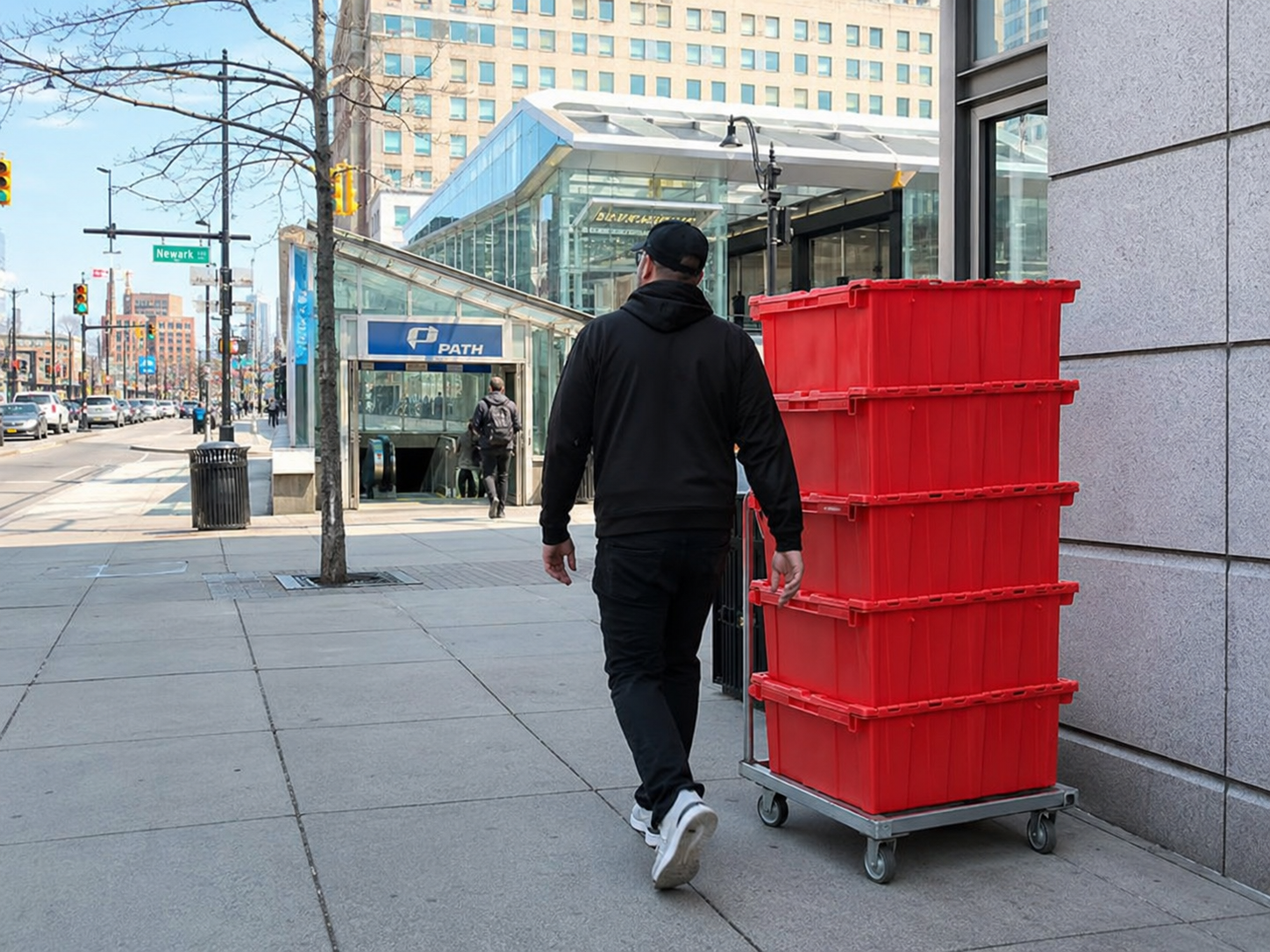 Person with EazyCrate reusable moving bins on dolly on Jersey City sidewalk near PATH train station — transit-connected moving bin delivery service