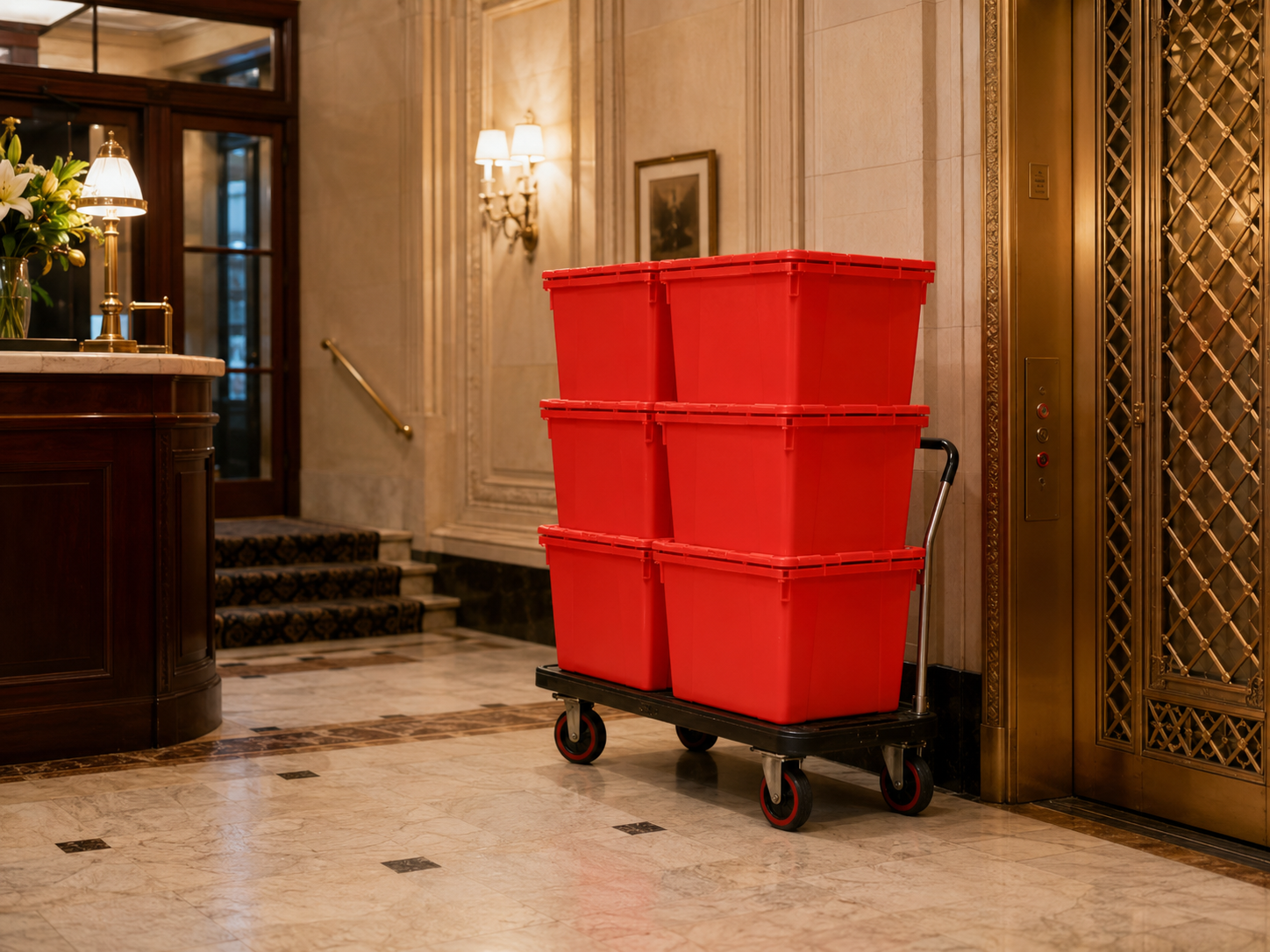 EazyCrate red reusable moving bins stacked on dolly in marble lobby of classic Upper West Side doorman co-op building — ornate brass fixtures and tile floor