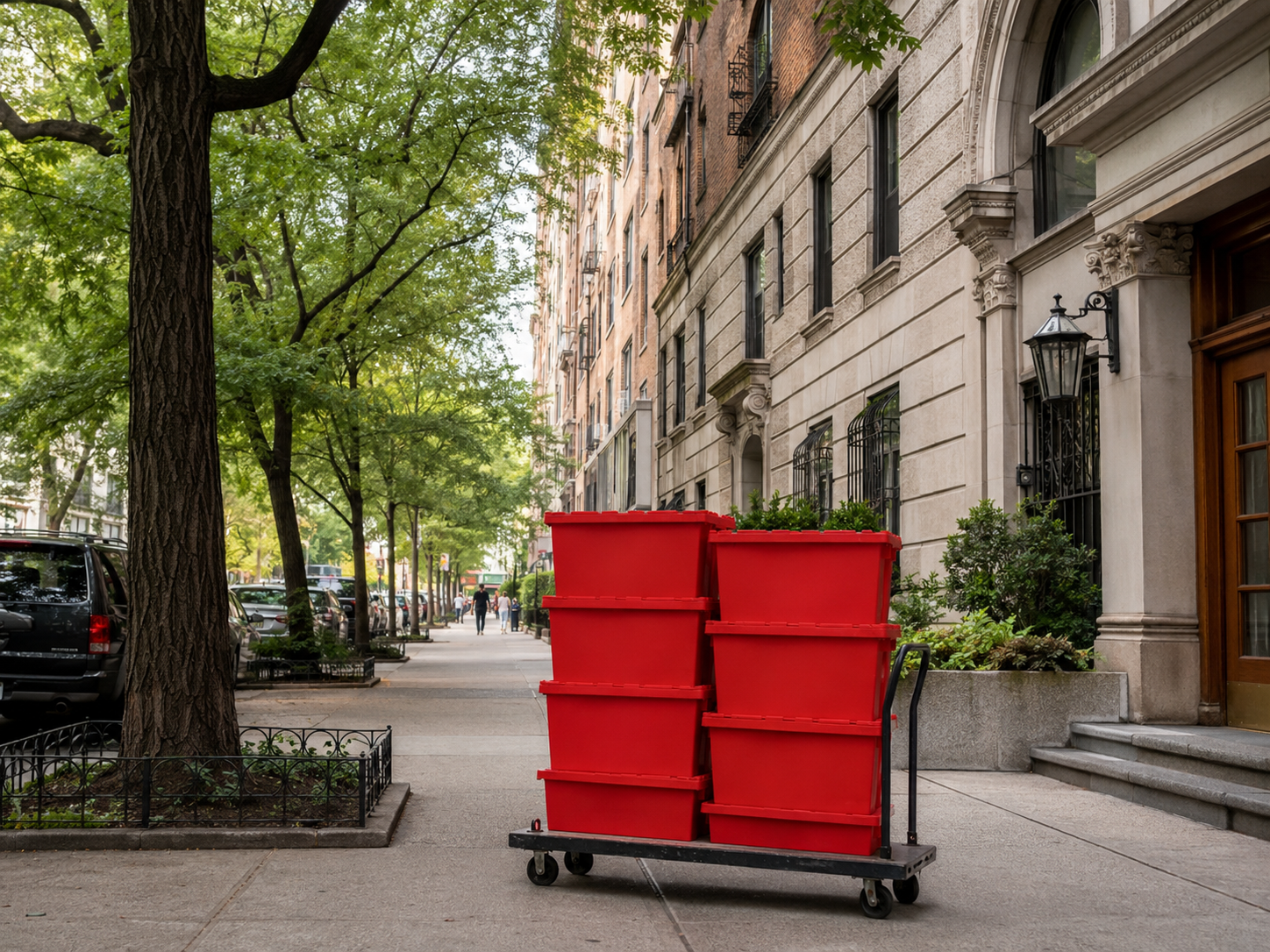 EazyCrate moving bins on dolly outside classic Upper West Side pre-war co-op building on tree-lined street