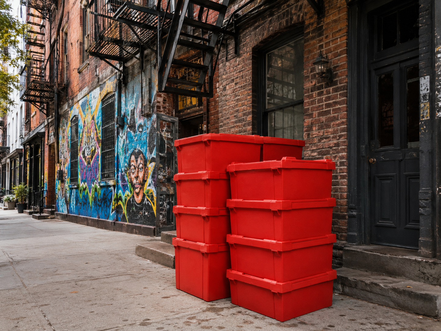 EazyCrate red moving bins stacked outside a Williamsburg tenement building with exposed brick facade, metal fire escapes, and street art mural on adjacent wall