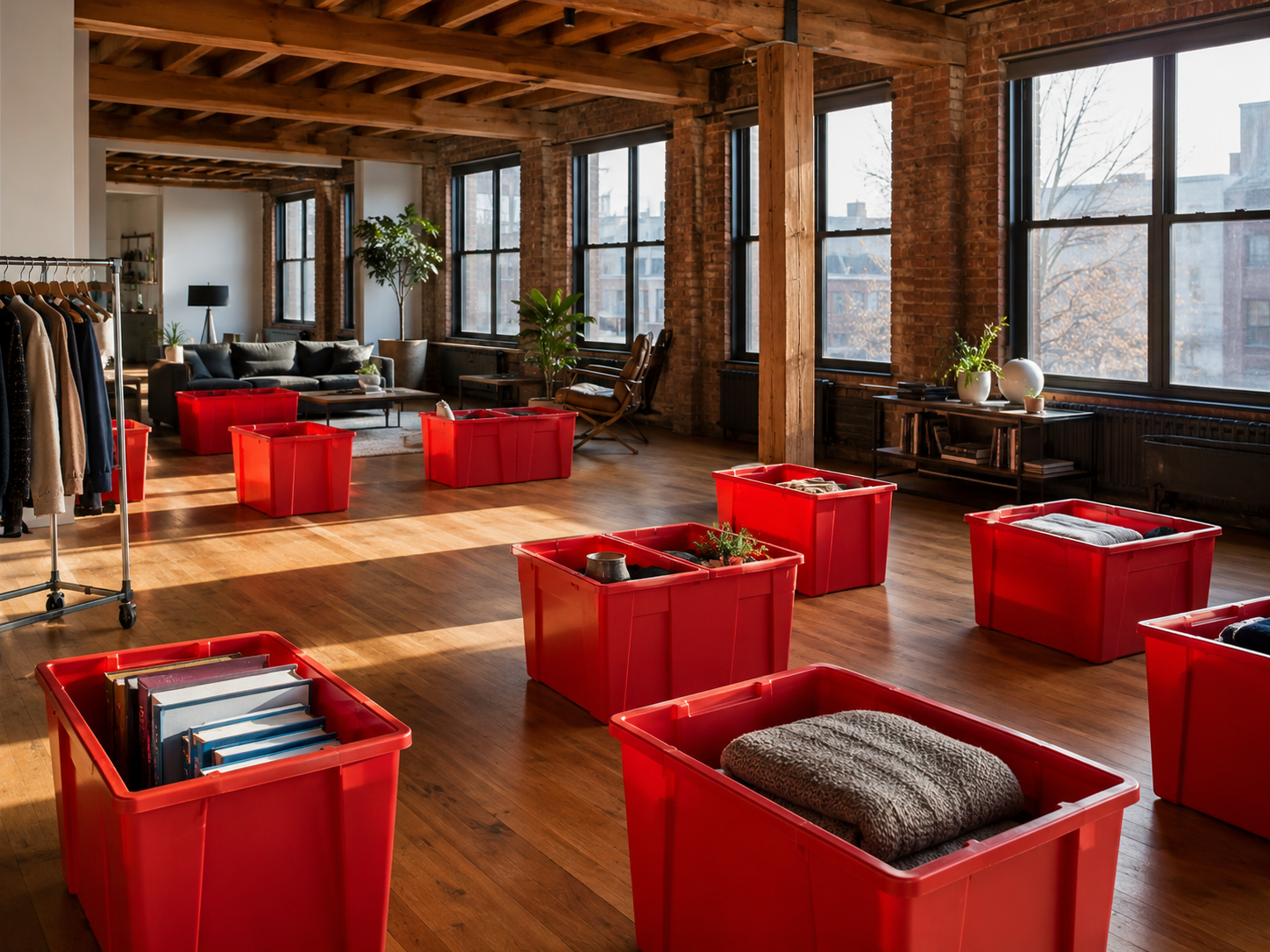 Open plastic moving bins spread across a large converted Williamsburg loft with wide plank hardwood floors, exposed wood ceiling beams, and tall industrial windows