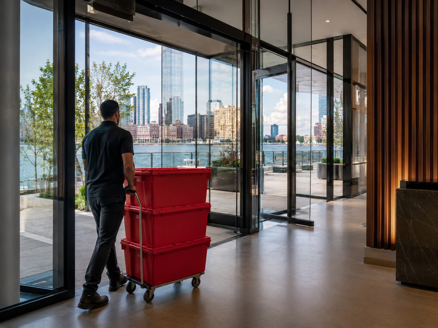 EazyCrate moving bins being wheeled into sleek modern Williamsburg waterfront high-rise lobby with glass walls and East River views