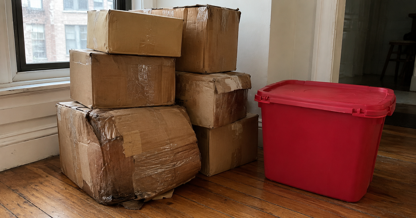 Stack of used cardboard moving boxes versus clean EazyCrate reusable plastic bins — NYC moving box comparison for budget movers