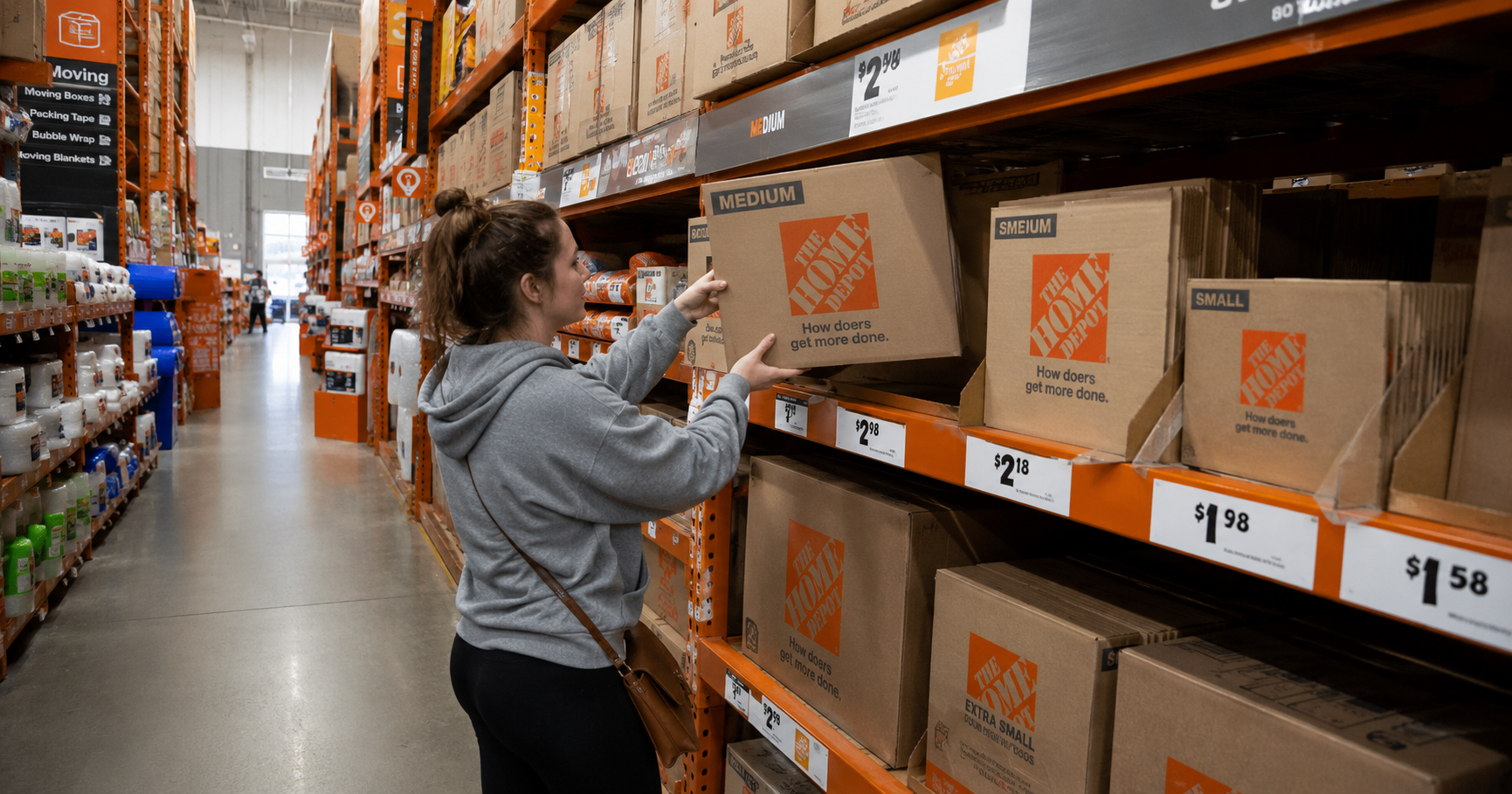 Person calculating NYC 1-bedroom moving costs at a store while shopping for moving boxes and supplies