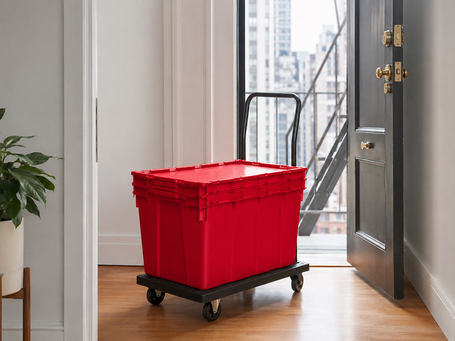 Overhead view of moving day with luggage, duffel bags, tote bags, and bins laid out — alternatives to cardboard boxes for NYC apartment moves