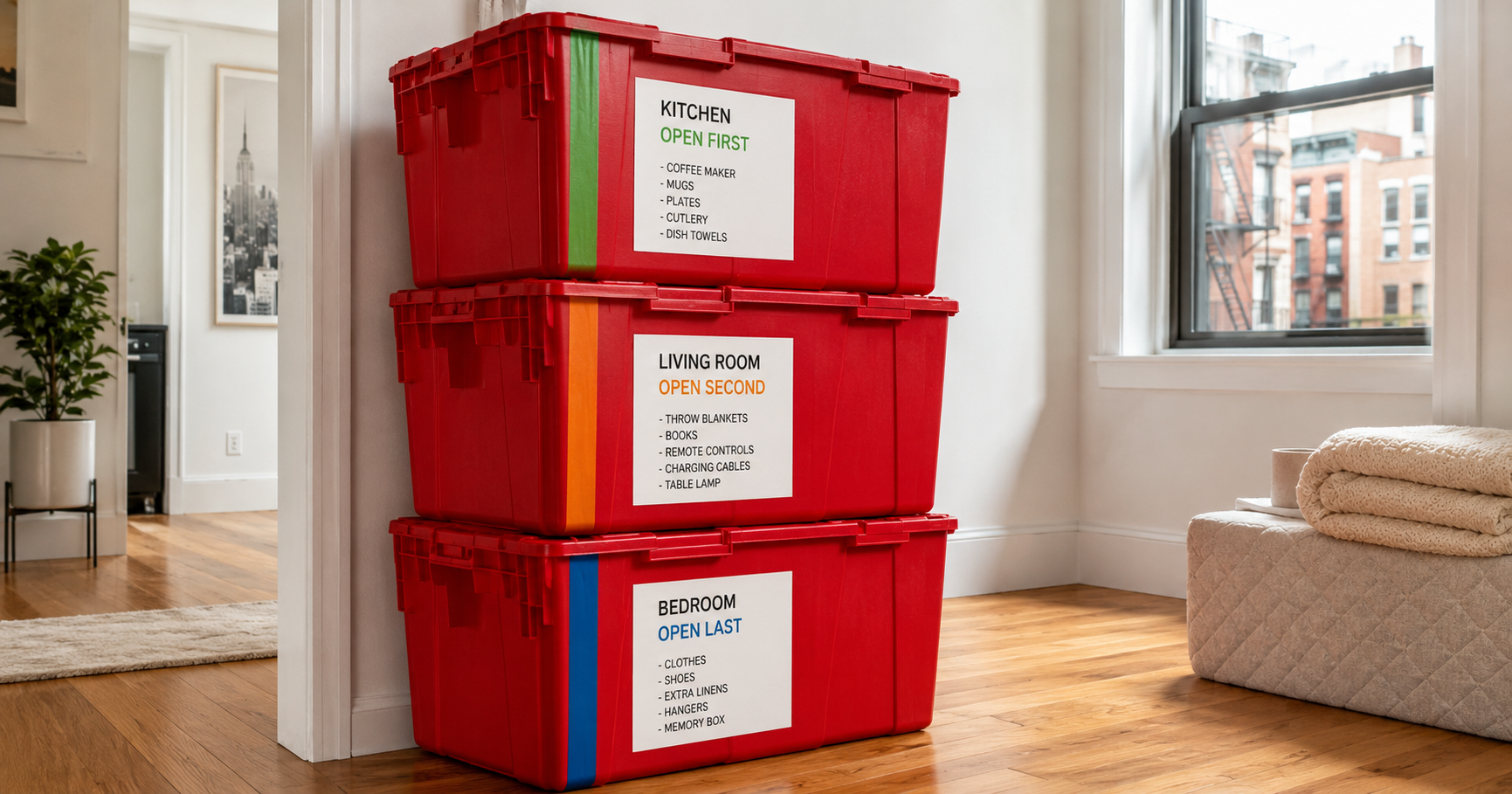 Color-coded red reusable moving bins organized by room label in a NYC apartment — the organized moving box system