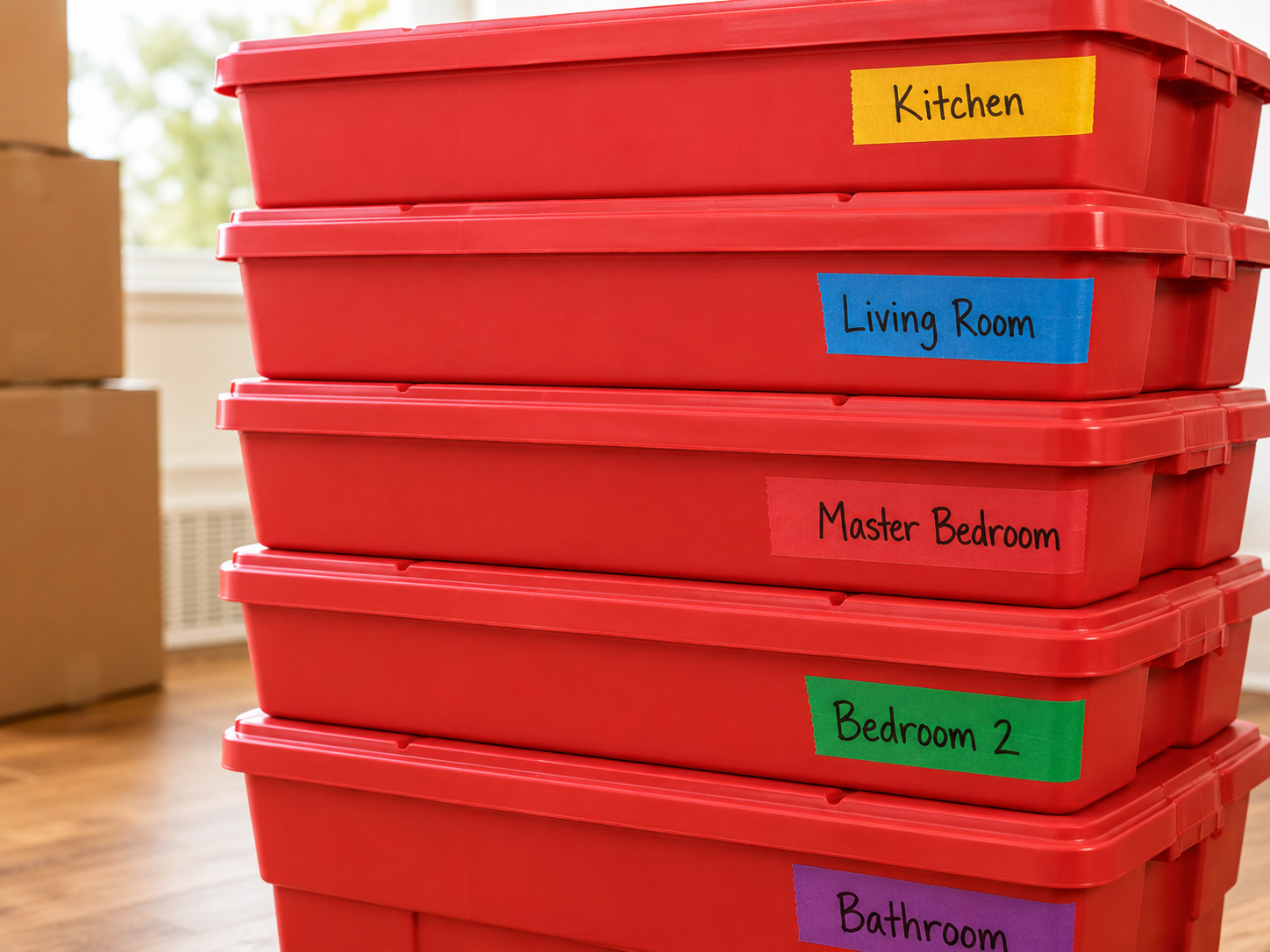 Stacked red reusable moving bins with color-coded room labels — organized moving box system for NYC apartments