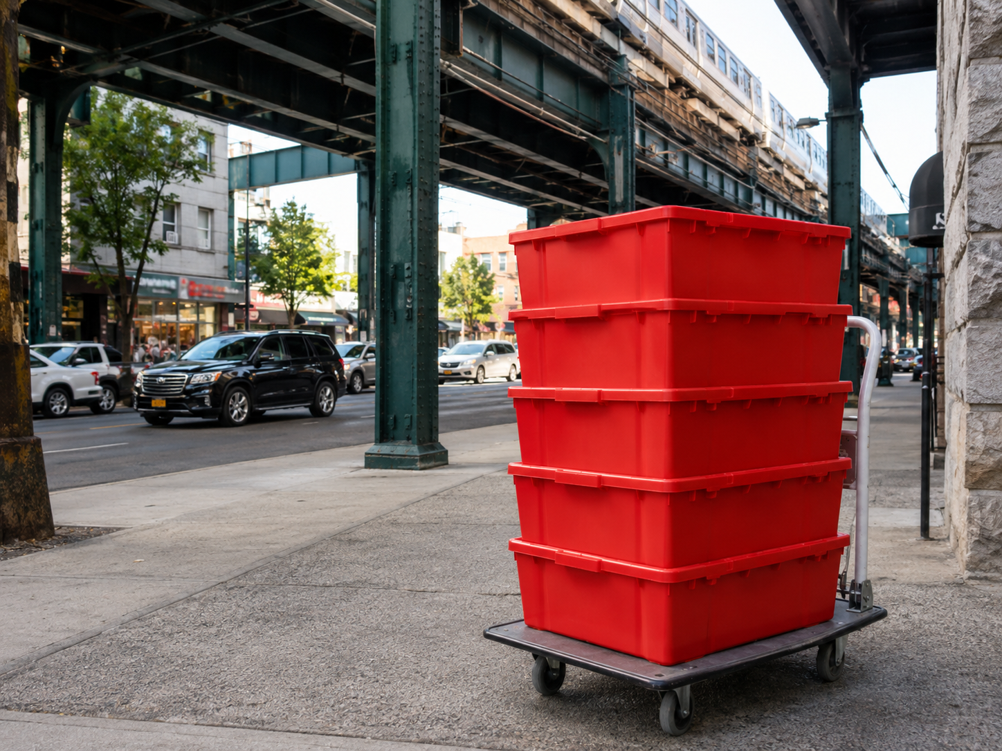 EazyCrate reusable plastic moving bins on a dolly outside a classic pre-war Astoria Queens apartment building — brick facade, front stoop, authentic neighborhood streetscape