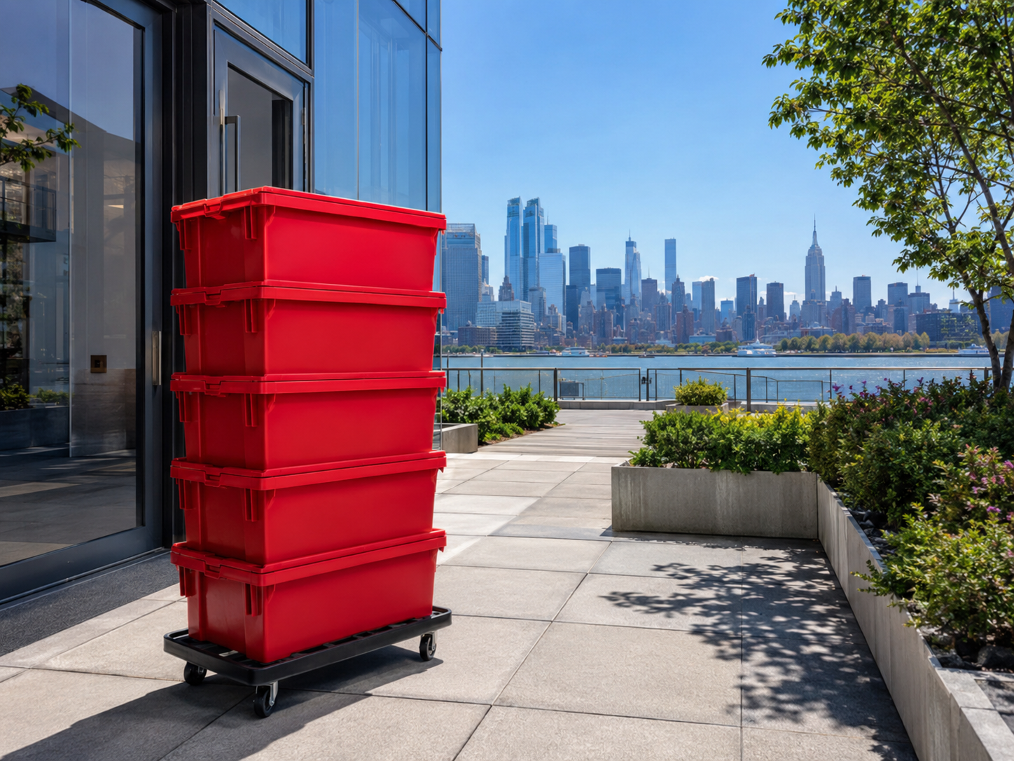 EazyCrate red moving bins on a dolly outside a modern glass LIC residential tower with Manhattan skyline dramatically visible across the East River in the background