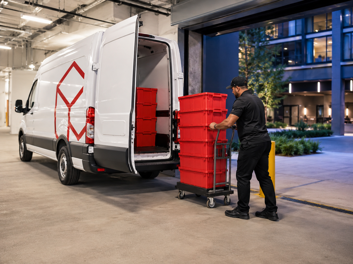 EazyCrate delivery driver unloading stacked moving bins onto a wheeled dolly at a modern LIC residential building loading dock — ground floor commercial bay with concrete floors and overhead lighting
