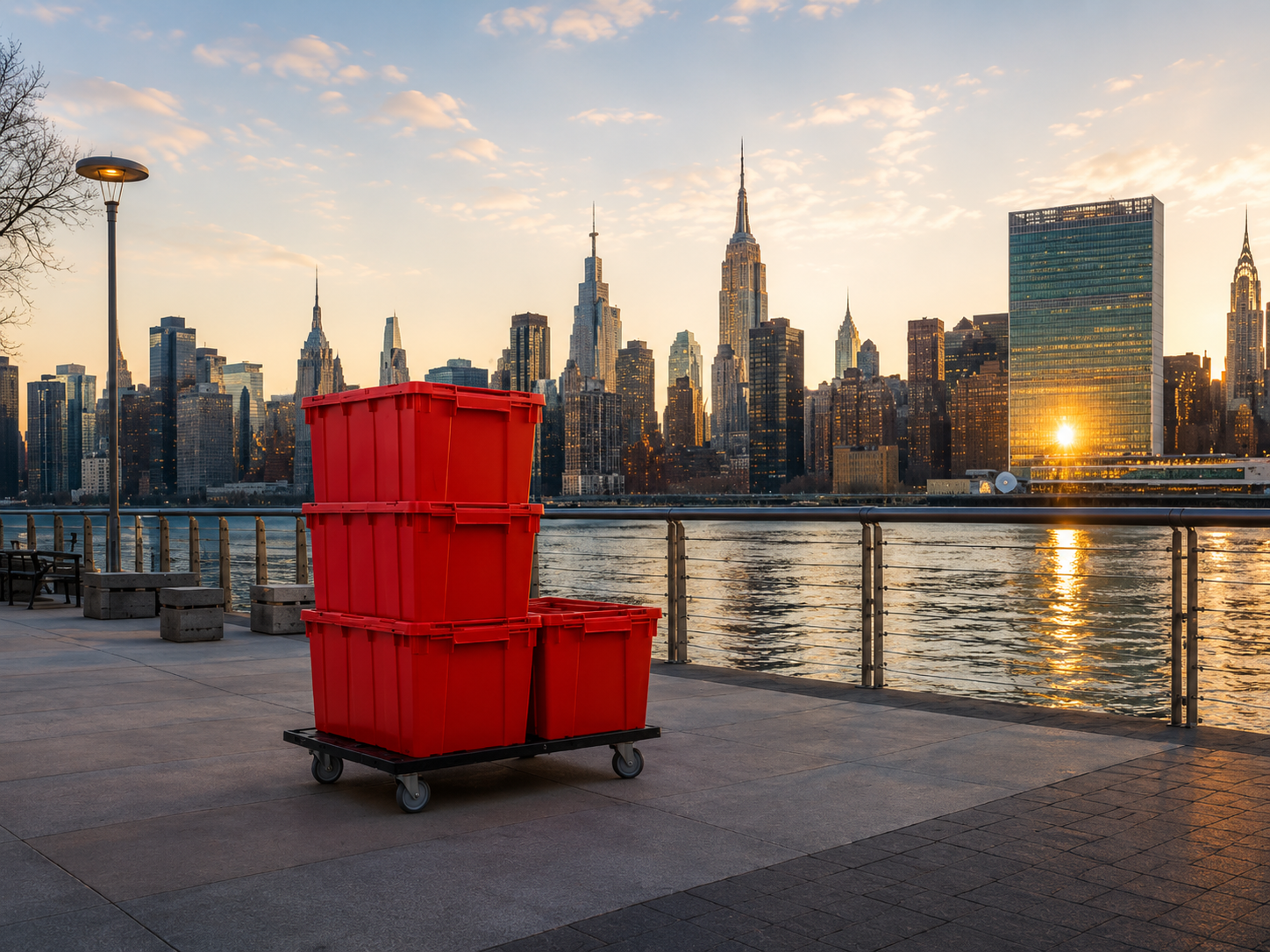 Wide establishing shot of the LIC waterfront with reusable moving bins in the foreground and the iconic Manhattan skyline reflected in the East River behind — golden hour light