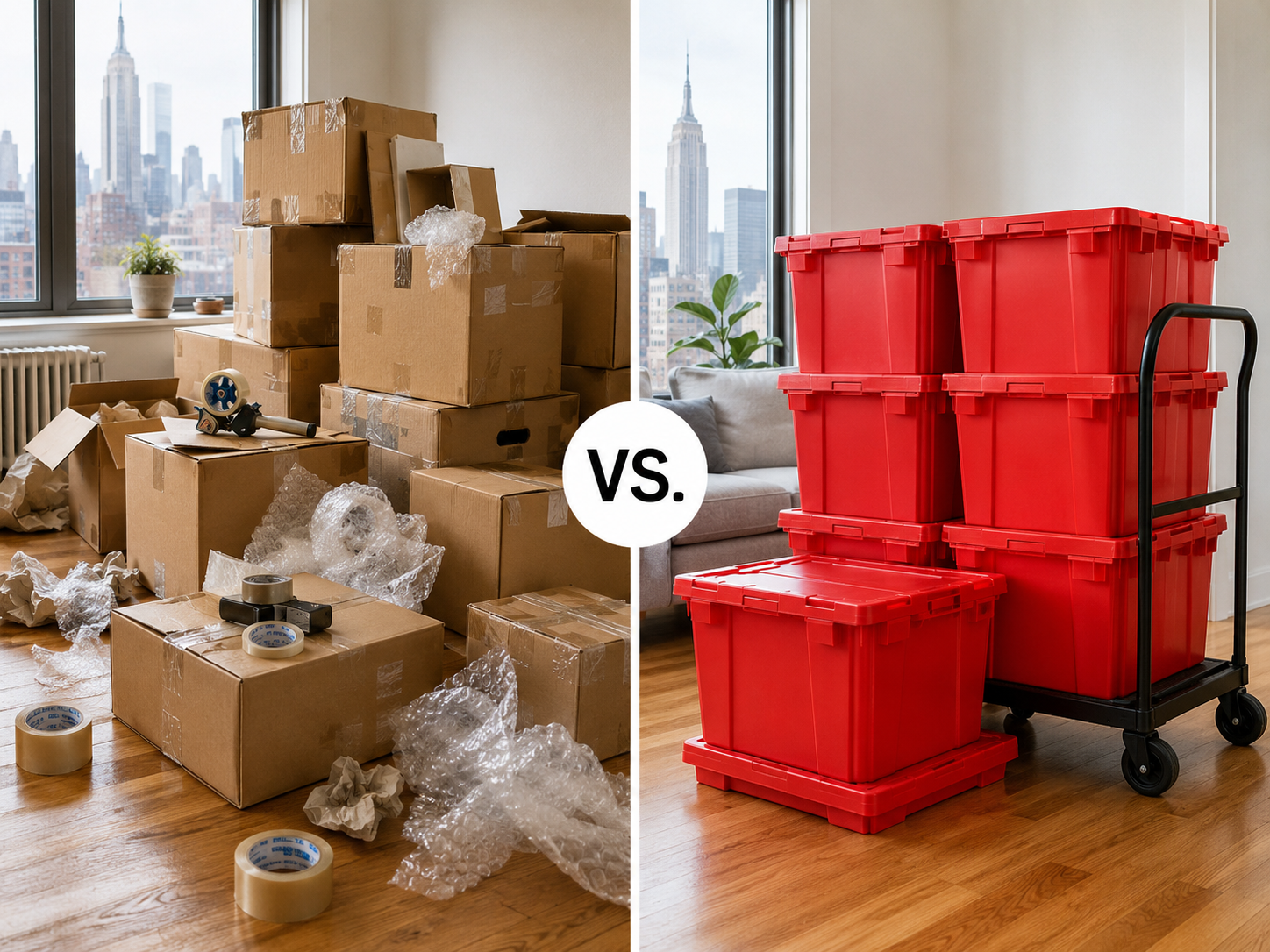 Split comparison showing messy pile of cardboard moving boxes on left versus clean stacked EazyCrate reusable plastic bins on right with bold VS label in center