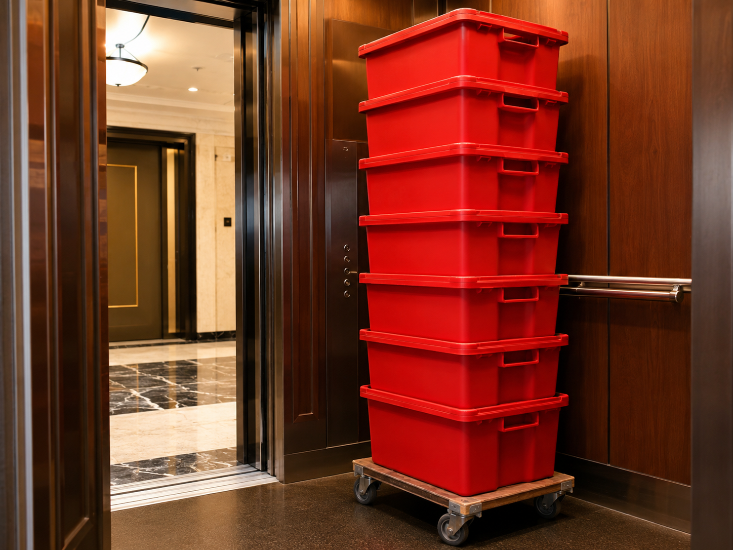 Neat stack of six uniform EazyCrate reusable plastic moving bins on a dolly inside a NYC apartment elevator with bins stacked to ceiling height and elevator door partially open