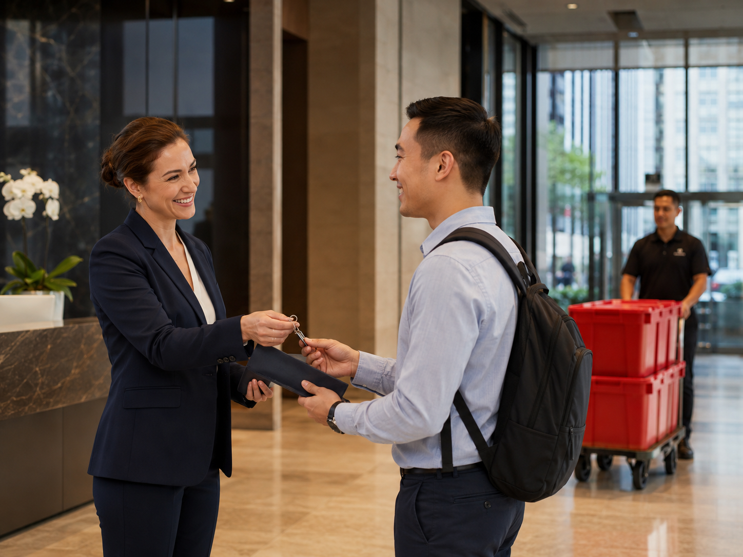 HR manager welcoming a new employee in a professional Manhattan office lobby with EazyCrate moving bins on a dolly in the background