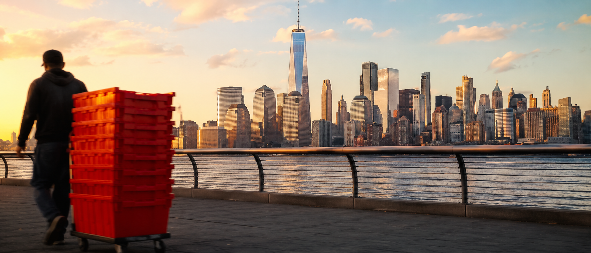 Wide NYC corporate skyline panorama with EazyCrate reusable moving bins on a city sidewalk in the foreground at golden hour